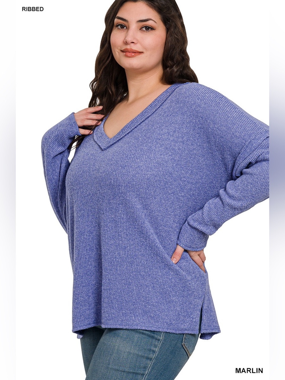 HT-2462X5 PLUS Zenana Marlin Ribbed Melange Long Sleeve Top